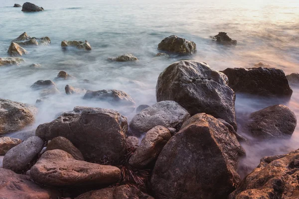 Günbatımı sırasında deniz yosunu ile kayalık sahil yakın çekim