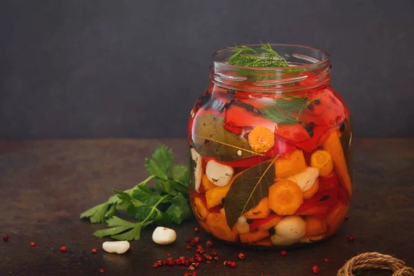 Fermented pickled vegetables in glass jar — Stock Photo, Image