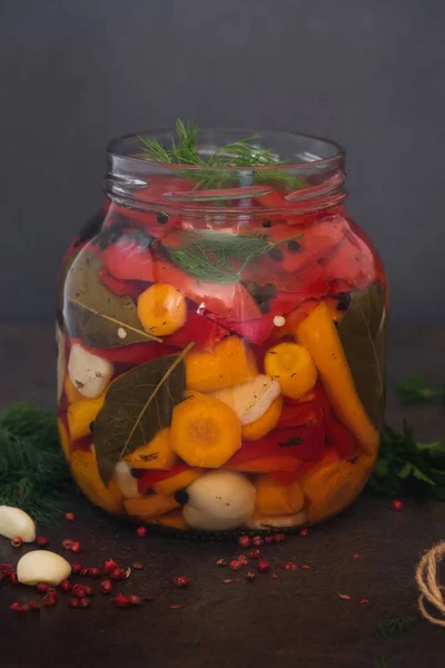 Fermented pickled vegetables in glass jar — Stock Photo, Image