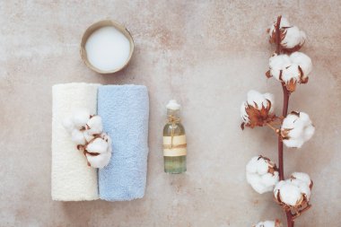 Spa güzellik cilt bakım ürünleri - nemlendirici krem ve uçucu yağ ile natürmort. Üstten Görünüm, boş alanı, düz yatıyordu