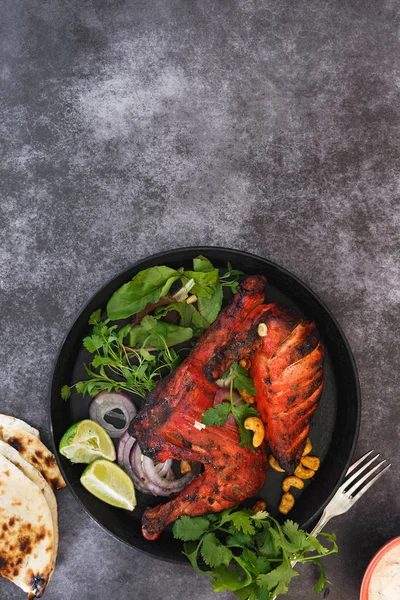 Tandoori Chicken Half Bone Lime Raita Top View Blank Space — Stock Photo, Image