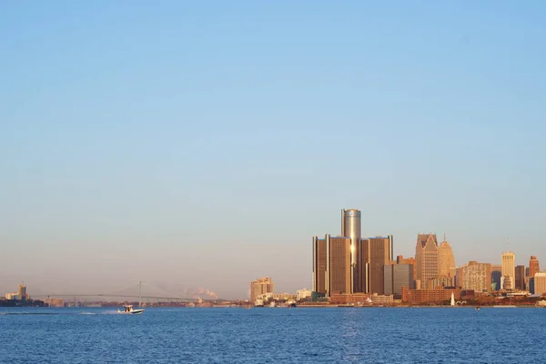 Downtown Detroit Uitzicht Vanaf Belle Isle Tijdens Zonsopgang Met Zicht — Stockfoto