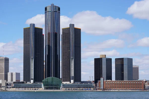 Detroit Renaissance Center during a beautiful day view from Windsor, Ontario, Canada.