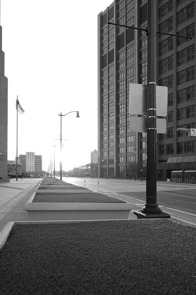 Empty street and boulevard next downtown Detroit at the end of the day.