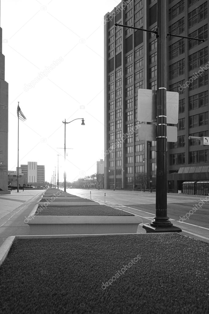 Empty street and boulevard next downtown Detroit at the end of the day.                                                           