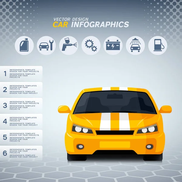 Automotive infographics design with generic yellow sports car and auto service icons — Stock Vector