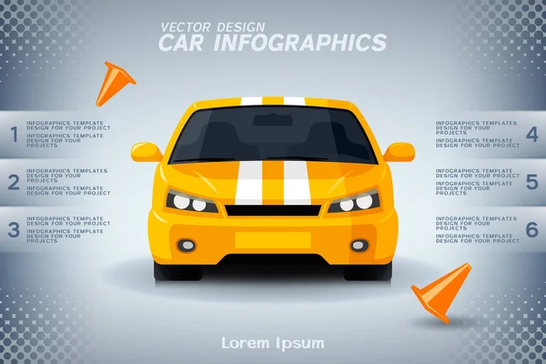 Infografiki Automotive design z rodzajowy żółty samochód sportowy i stożki drogowe pomarańczowy — Wektor stockowy
