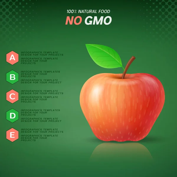 Infographics design with red apple and no gmo text on green background — Stock Vector