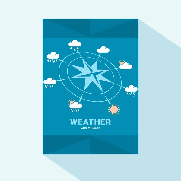 Volante o folleto cubierta de diseño plano con windrose y los iconos del tiempo — Vector de stock