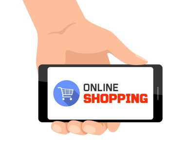 İnternetten alışveriş konsepti. El ele tutuşan akıllı telefon. Vektör pankartı