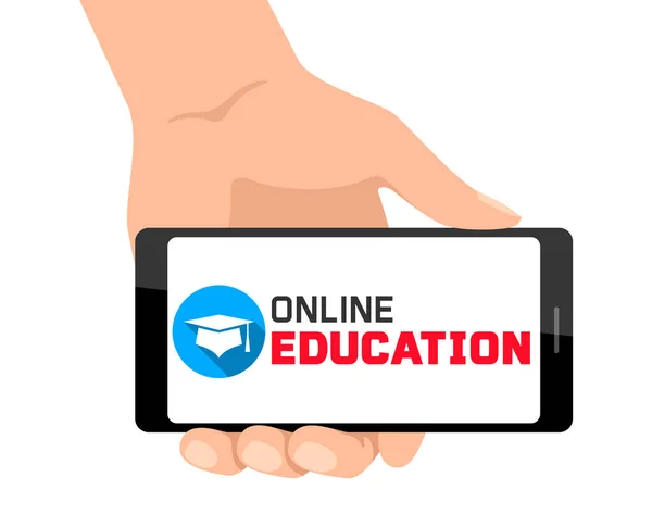 Koncepcja Edukacji Online Ikoną Czapki Dyplomowej Trzymanie Smartfona Rękę Banner — Wektor stockowy