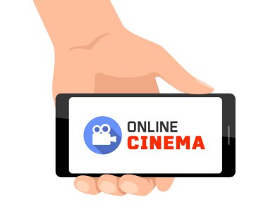 Film kamerası ikonuyla çevrimiçi sinema kavramı. El ele tutuşan akıllı telefon. Vektör pankartı