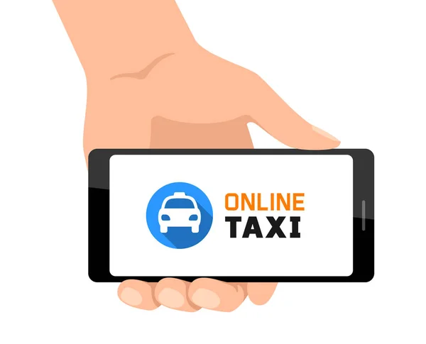 車のアイコンとオンラインタクシーのコンセプト モバイルアプリサービス 手持ち型スマートフォン ベクトルバナー — ストックベクタ