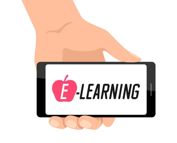 Koncepcja Learningu Trzymanie Smartfona Rękę Banner Wektorowy — Wektor stockowy