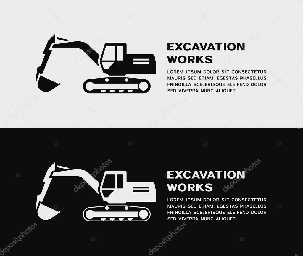 Black and white excavator icon. Vector illustration