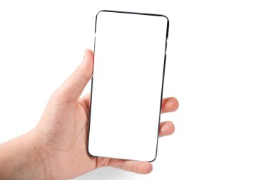 Siyah akıllı telefonu boş ekran ve modern çerçevesiz tasarımla el ele tutuşmak - beyaz arka planda izole edilmiş