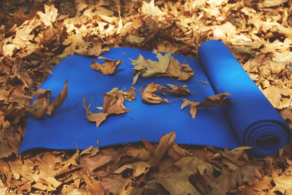 Vue rapprochée du tapis de yoga ouvert bleu pour l'exercice — Photo