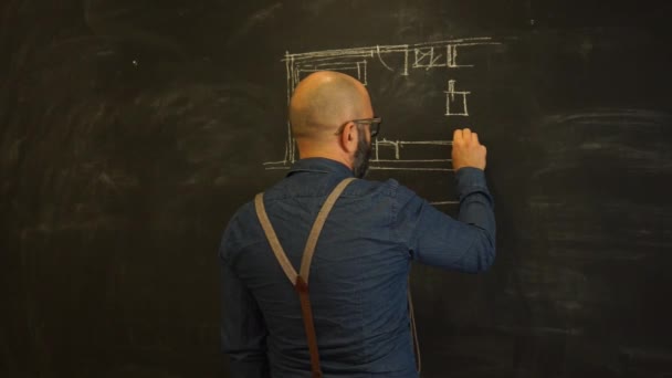 Zakenman een grond op blackboard tekening — Stockvideo