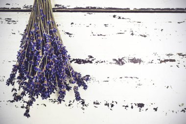 Grup eski ahşap arka plan üzerinde lavanta