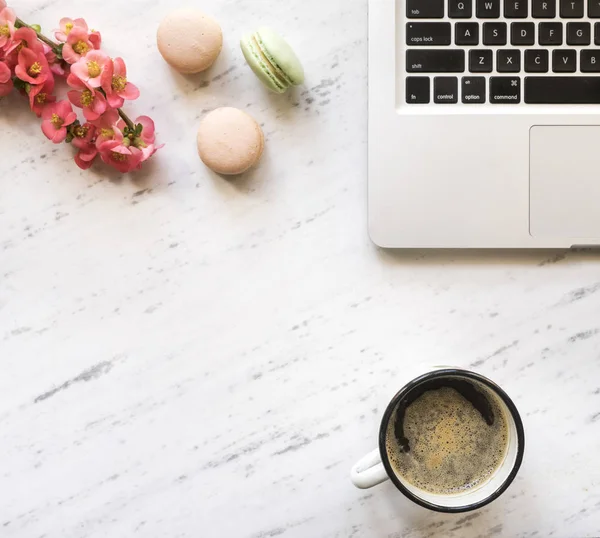 Офісний стіл з ноутбуком, чашкою кави та квітами — стокове фото