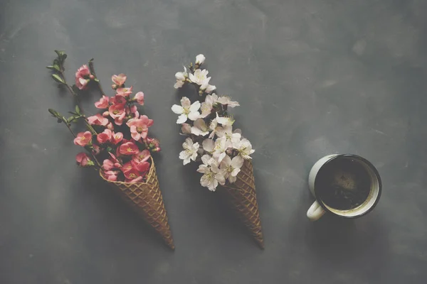 Flowers in ice cream cone on cement background