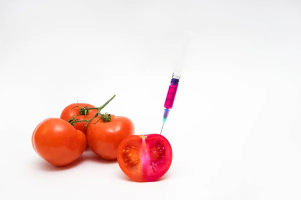 Concetto di OGM su fondo bianco con siringhe e pomodori . — Foto Stock