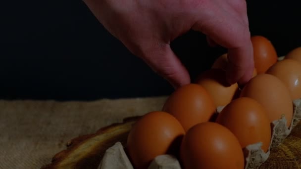 Рука берет яйцо из коробки — стоковое видео