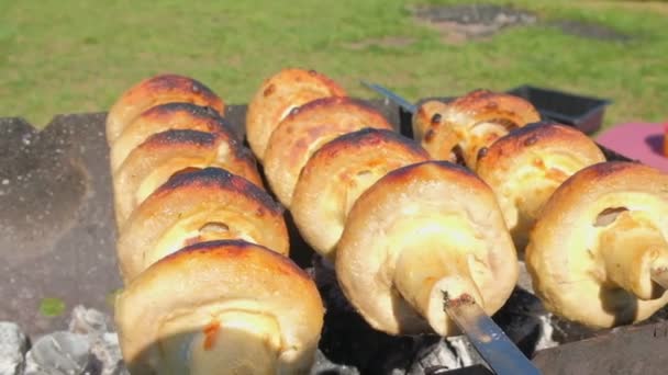 Cooking mushrooms on coals in the grill — Stock Video