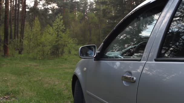 De man gooit de vuilnis uit de auto buiten — Stockvideo