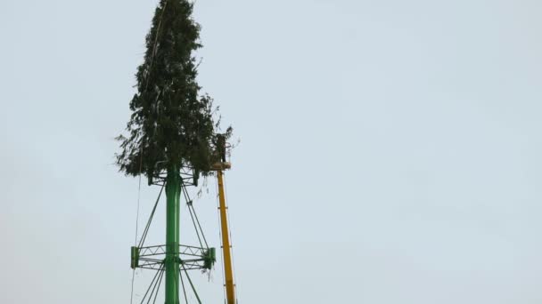 Workers disassemble a Christmas tree structure in the main central square of city after The New Year holidays and celebrations. Part 7. Aerial work platform in winter. Hand held mid shot — Stock Video