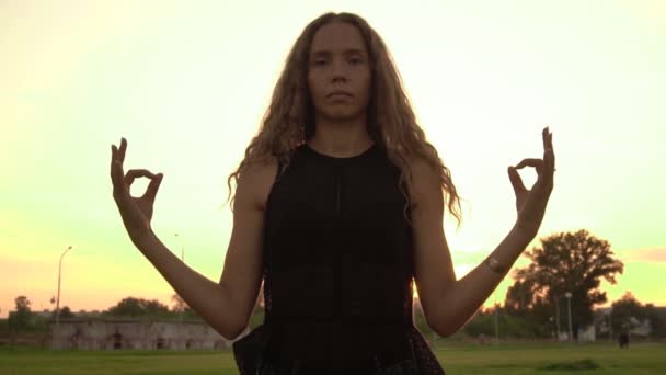 Menina bonita com cabelos longos relaxa na natureza contra o pano de fundo de um pôr do sol ensolarado. Conceito de alívio do estresse, câmera lenta, relaxamento — Vídeo de Stock