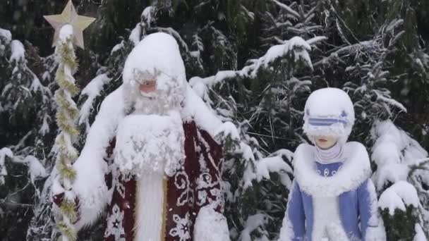 Noël Père Noël et Vierge des neiges près du sapin de Noël, gros plan, décoration, ralenti — Video