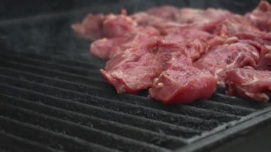 Çiğ domuz eti ızgarada pişirilir. Ağır çekimde baharatlı ve aromalı marine edilmiş et parçaları. Geleneksel ulusal yemek Shashlik ya da şiş kebap açık havada bbq 'de kızartılır. Kapat.