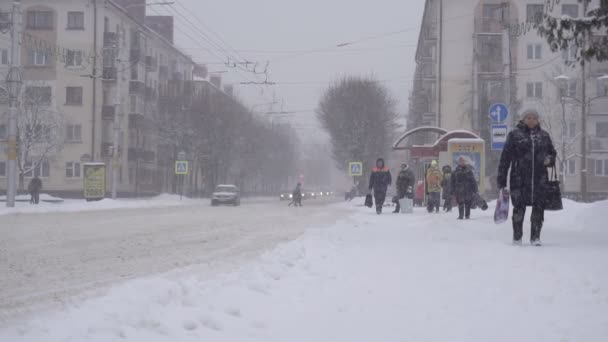 볼 부리스크, 벨라루스 - 2019 년 1 월 14 일: 사람들 이 버스 정류장에 와서 겨울에는 눈이 내리고, 천천히 버스를 타고 버스를 탄다. — 비디오