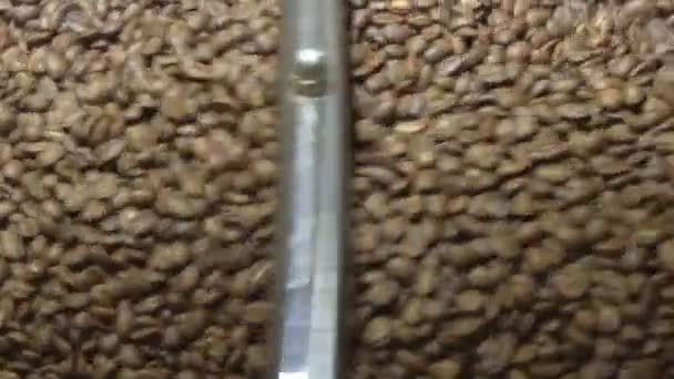 Roeren en malen van koffiebonen om natuurlijke koffie te maken. close-up, achtergrond — Stockvideo