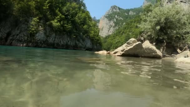 Hermoso río claro de montaña en las montañas y el bosque. Fondo, descanso y relajación, naturaleza, espacio de copia, cámara lenta — Vídeo de stock