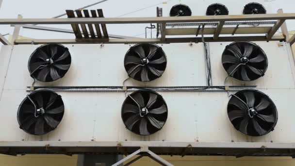 Big air conditioner. Fan blades spin at high speed. Equipment or ventilation system outside the building supermarket or shopping mall. Large stretching nearby the store. Closeup shot — Stock Video