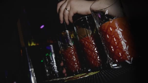 Barman mexe ou mistura por uma colher o coquetel alcoólico Bloody Mary no clube noturno. Estilo de vida jovem e relaxante em férias conceito. ângulo holandês mão tiro — Vídeo de Stock