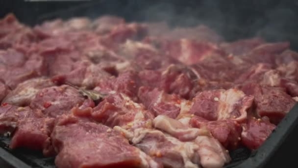 Grillezés és friss sertéshús főzése. Finom barbecue nyársak, háttér, lassított felvétel, étvágygerjesztő — Stock videók