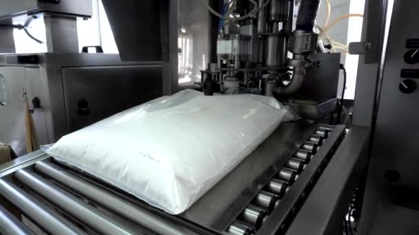 Productie en productie van melkyoghurt met bifidobacteriën, technologisch proces. Automatische lijn voor verpakking drinkyoghurt, room — Stockvideo