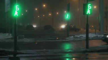 Trafik ışıkları yeşil yanıp sönüyor ve gece yaya geçidinde kırmızıya dönüyor. Kışın sis. Islak asfalta yansıyor. Farlardan gelen ışık.