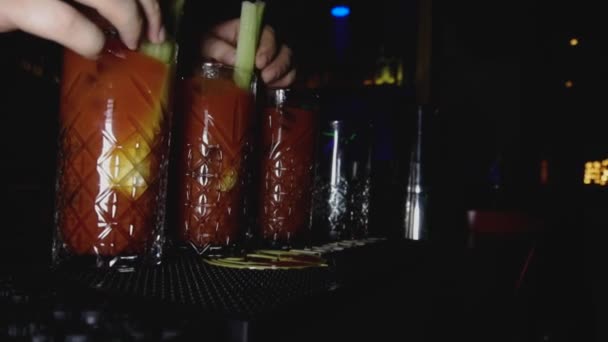 Barman fügt dem alkoholischen Cocktail Bloody Mary im Nachtclub Sellerie hinzu. Junger Lebensstil und Erholung im Urlaubskonzept. Niederländischer Winkelschuss — Stockvideo