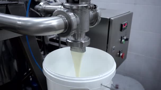 工業規模での練乳の生産。菓子業界の凝縮ミルク生産、クローズアップ、業界 — ストック動画