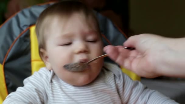 Alimentar a un niño guapo gachas de una cuchara, de cerca. Nutrición para niños de alrededor de un año, antecedentes, caucásicos — Vídeos de Stock