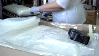 Modern dayanıklı plastik poşetlerle şekerleme endüstrisinde ürün paketleme ve paketleme. Şekerleme ve gıda endüstrisi, iş