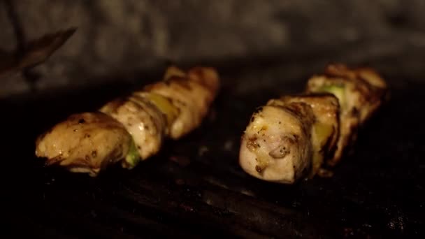 Cozinhar frango em marinada em um churrasco em um restaurante. Deliciosos espetos de frango, fundo, apetitoso — Vídeo de Stock