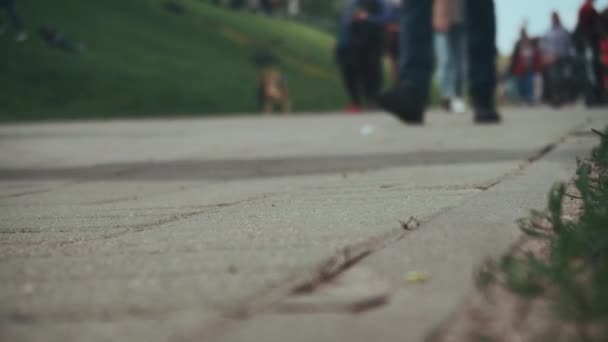 Los pies de la gente caminan sobre losas de pavimentación en la calle de la ciudad. Movimiento urbano con escalones. Concéntrate en la carretera. Cierre de piernas. Multitud de peatones. Día soleado de verano. Concepto estilo de vida saludable. Vacaciones fuera de la puerta . — Vídeo de stock