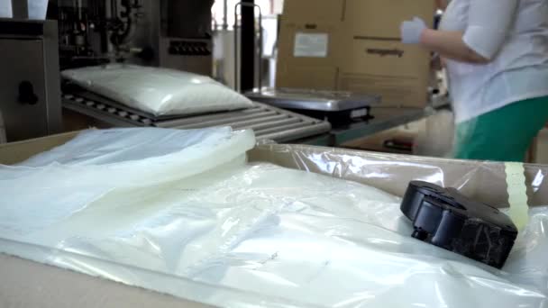 Imballaggio e confezionamento di prodotti dell'industria dolciaria in moderni sacchetti di plastica durevoli. Pasticceria e industria alimentare, imprese — Video Stock