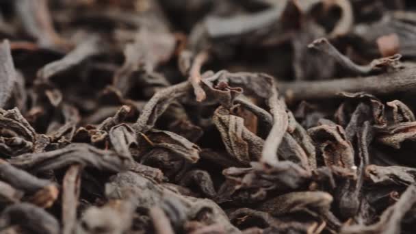 Macro shot van pure grote ceylon blad zwarte thee. Camera schuift naar de zijkant — Stockvideo