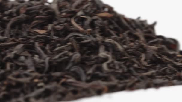 Μακρό πλάνο, καθαρό μεγάλο μαύρο τσάι από φύλλα Κεϋλλίου ξαπλωμένο σε λευκό φόντο. Αντιγραφή χώρου, θέση για κείμενο. Γλιστράει η κάμερα στο πλάι — Αρχείο Βίντεο